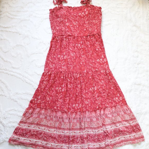 Knox Rose | Floral Smocked Tie-Strap Tiered Ruffle Red Midi Dress NWT | M - Picture 3 of 12